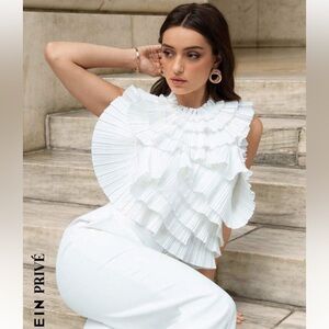 Open Back Pleated Ruffle Trim Tank Top white Sz L (US 8/10)